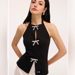 Zara Halter Neck Embellished Bow Cutout Vest Top
